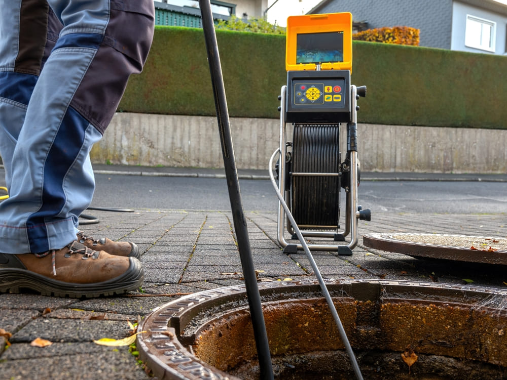 Technicien entrain d'inspecter l'égout avec la technique de curage et vidange