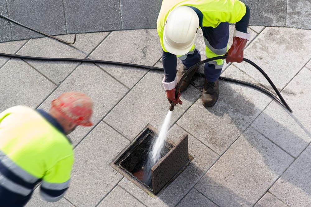 Débouchage Saint Gilles Bruxelles Capitale : des ouvriers nettoient les égouts. Ils utilisent de l'eau sous pression pour l'entretien. Cela se passe dans les rues de la ville